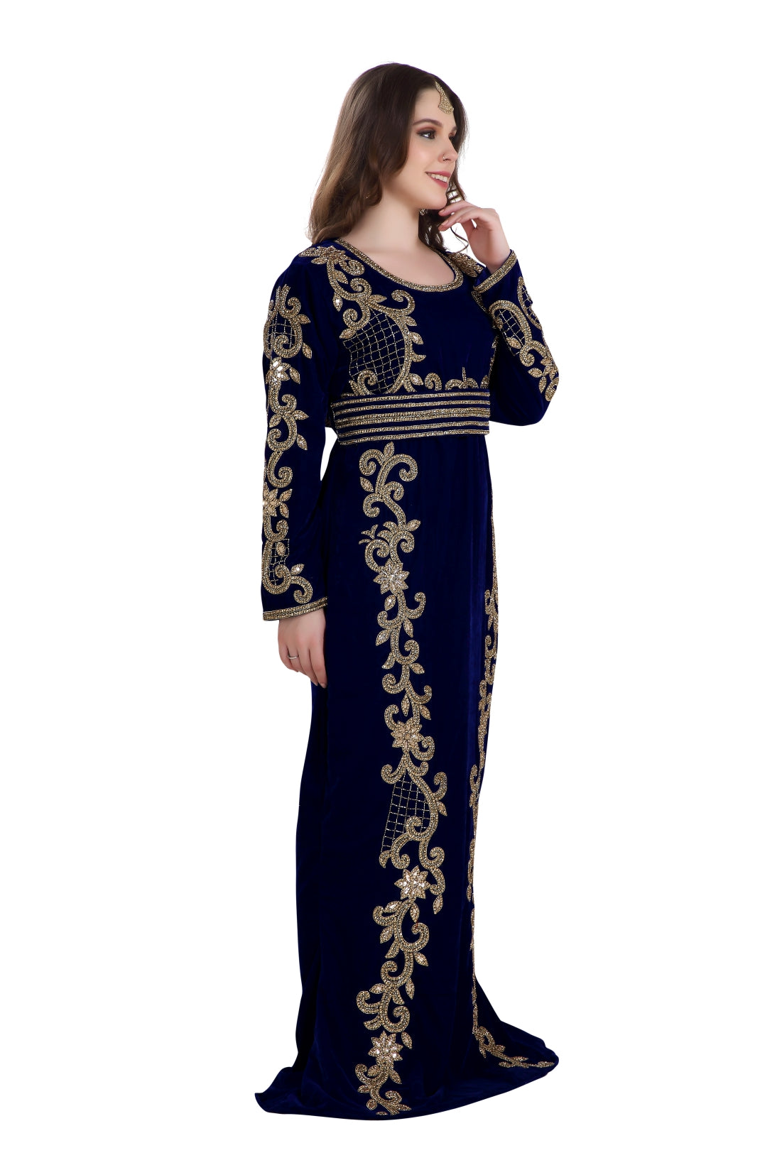 Fishcut Gown Navy Blue Velvet Crystal Moroccan Kaftan - Maxim Creation