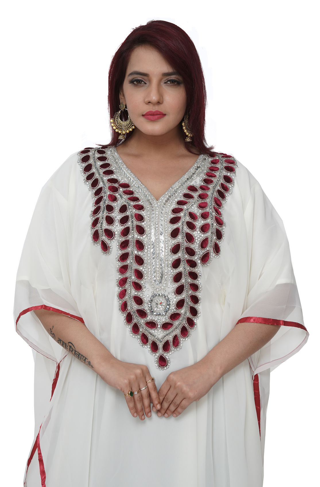 Farasha Gown with Maroon Velvet Motifs and Beads - Maxim Creation