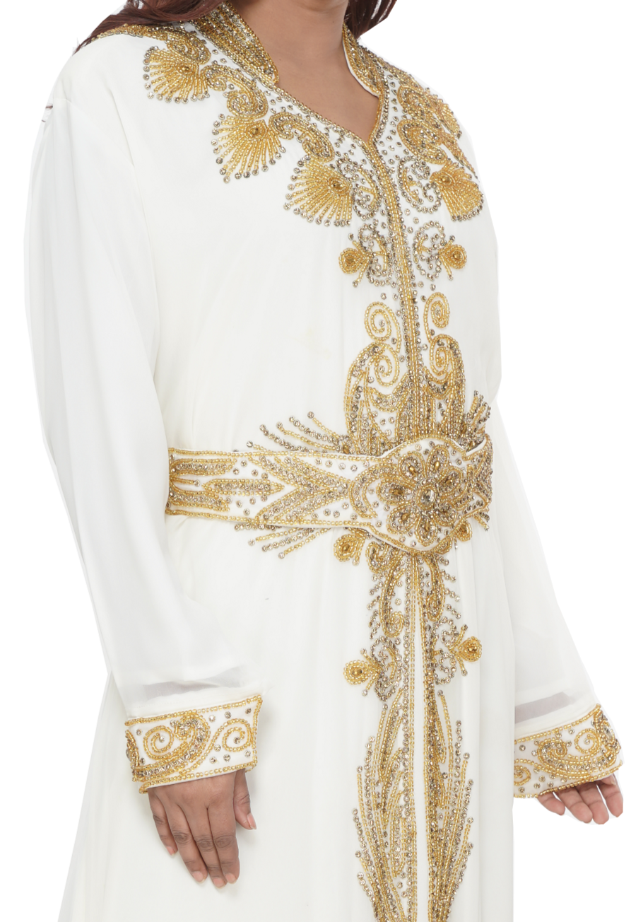 Kaftan Dress V-Neck with Collar with Golden Embroidery - Maxim Creation