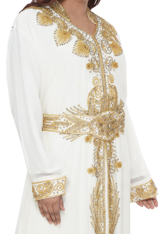 Kaftan Dress V-Neck with Collar with Golden Embroidery - Maxim Creation