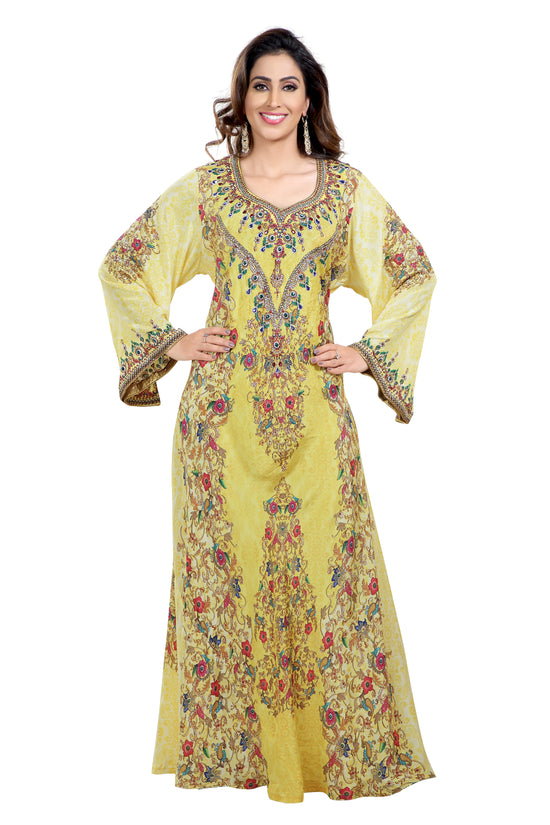 Printed Dubai Kaftan With Mix Embroidered Beads - Maxim Creation