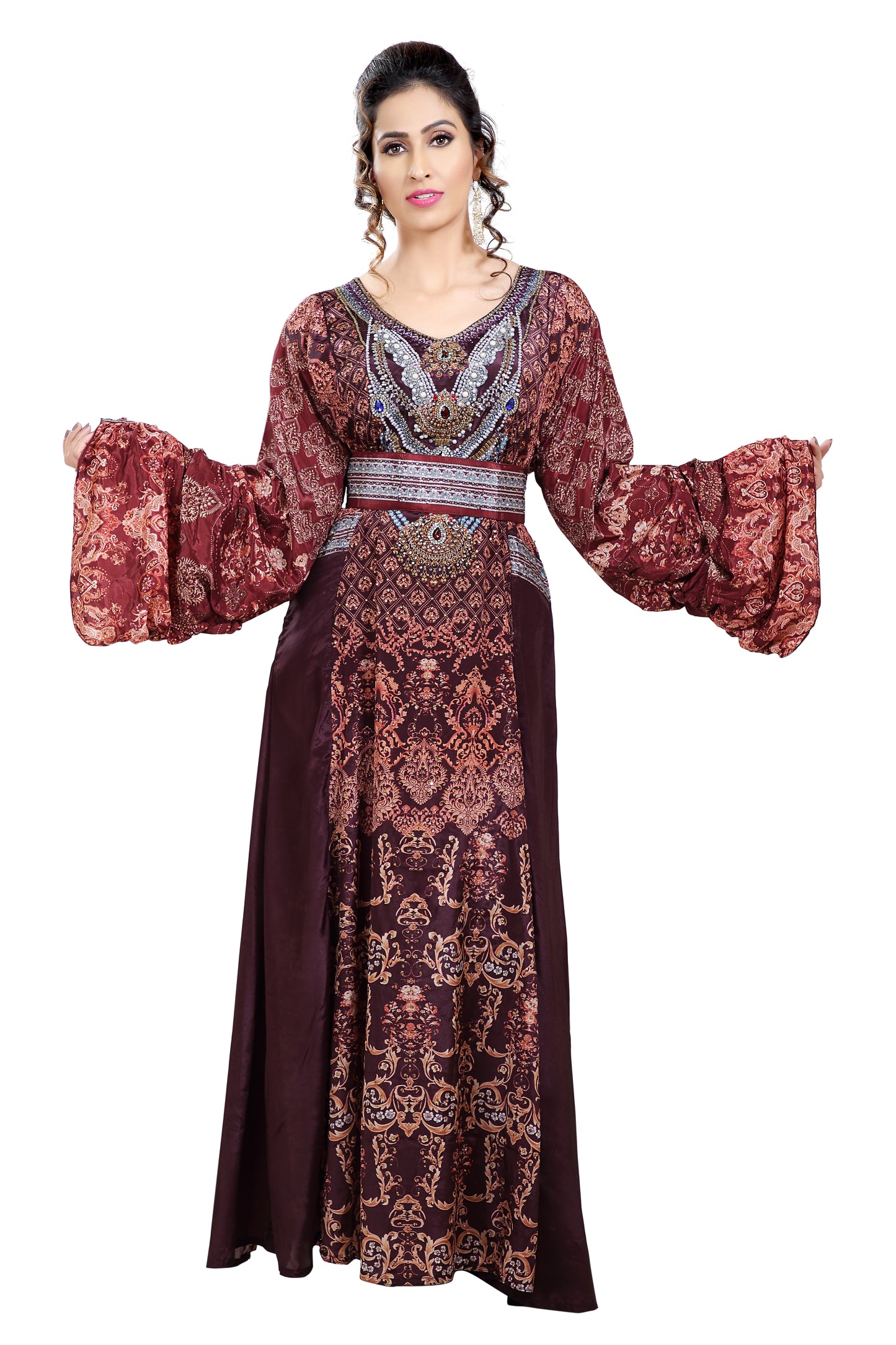 Arabian Dress With Mix Embroidered Digital Printed Kaftan - Maxim Creation