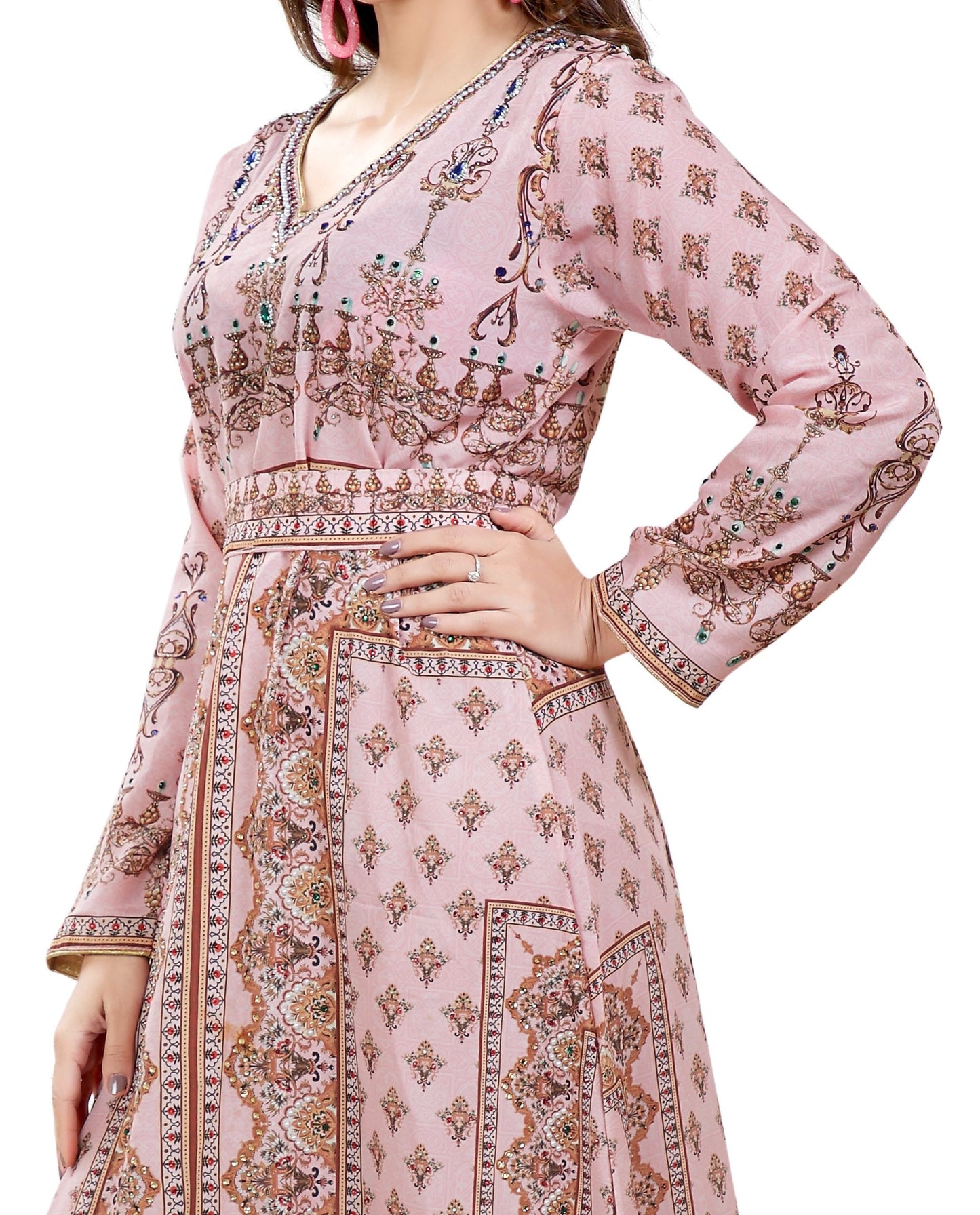 Light Pink Printed Kaftan with Green Embroidered Beads - Maxim Creation