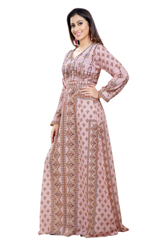 Light Pink Printed Kaftan with Green Embroidered Beads - Maxim Creation