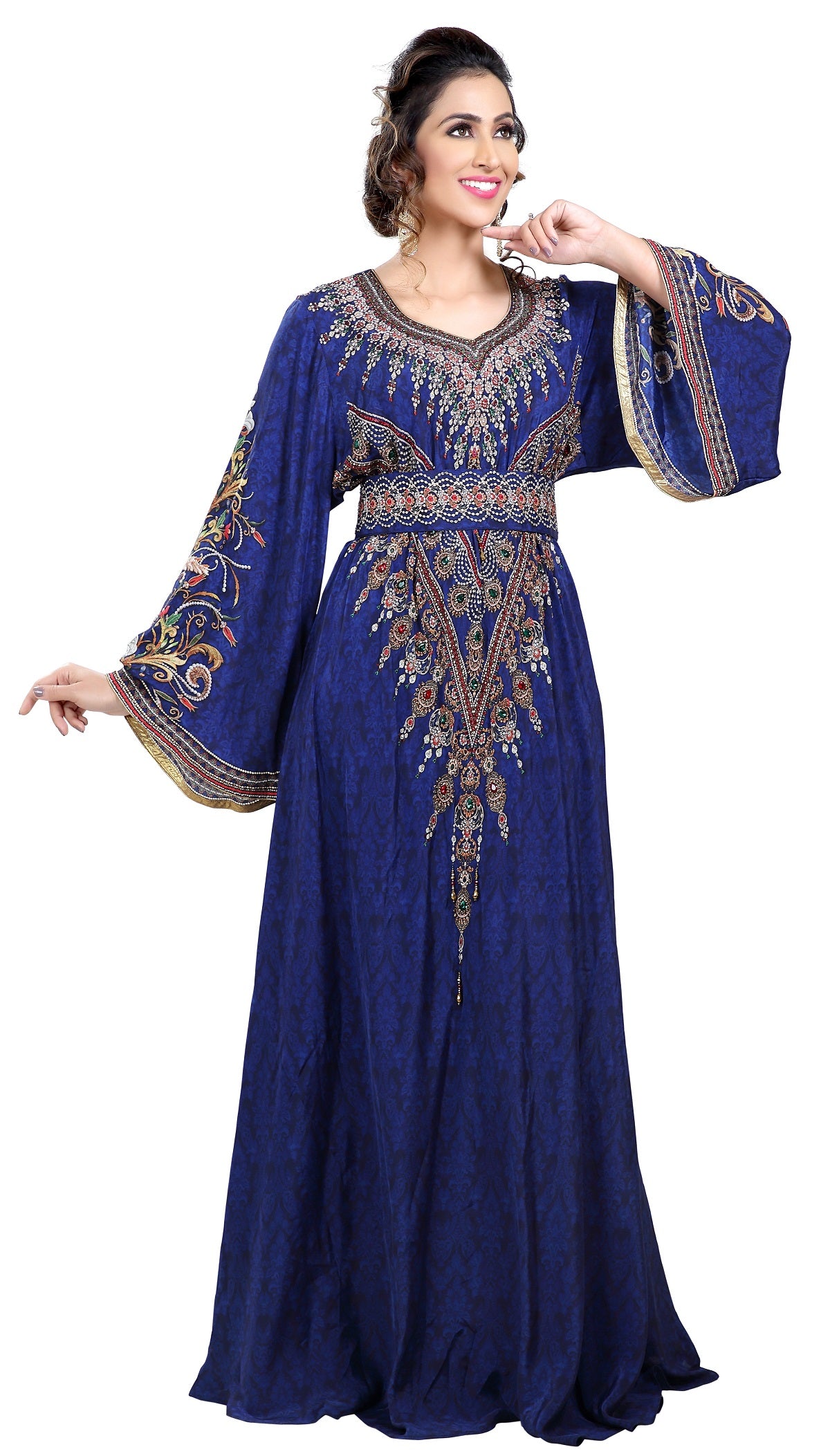 Royal Blue Arabian Digital Print Kaftan With Embroidered Belt - Maxim Creation