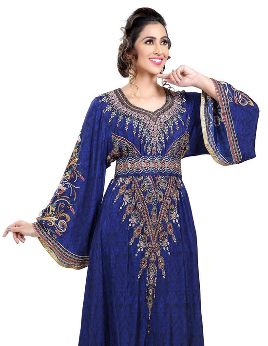 Royal Blue Arabian Digital Print Kaftan With Embroidered Belt - Maxim Creation