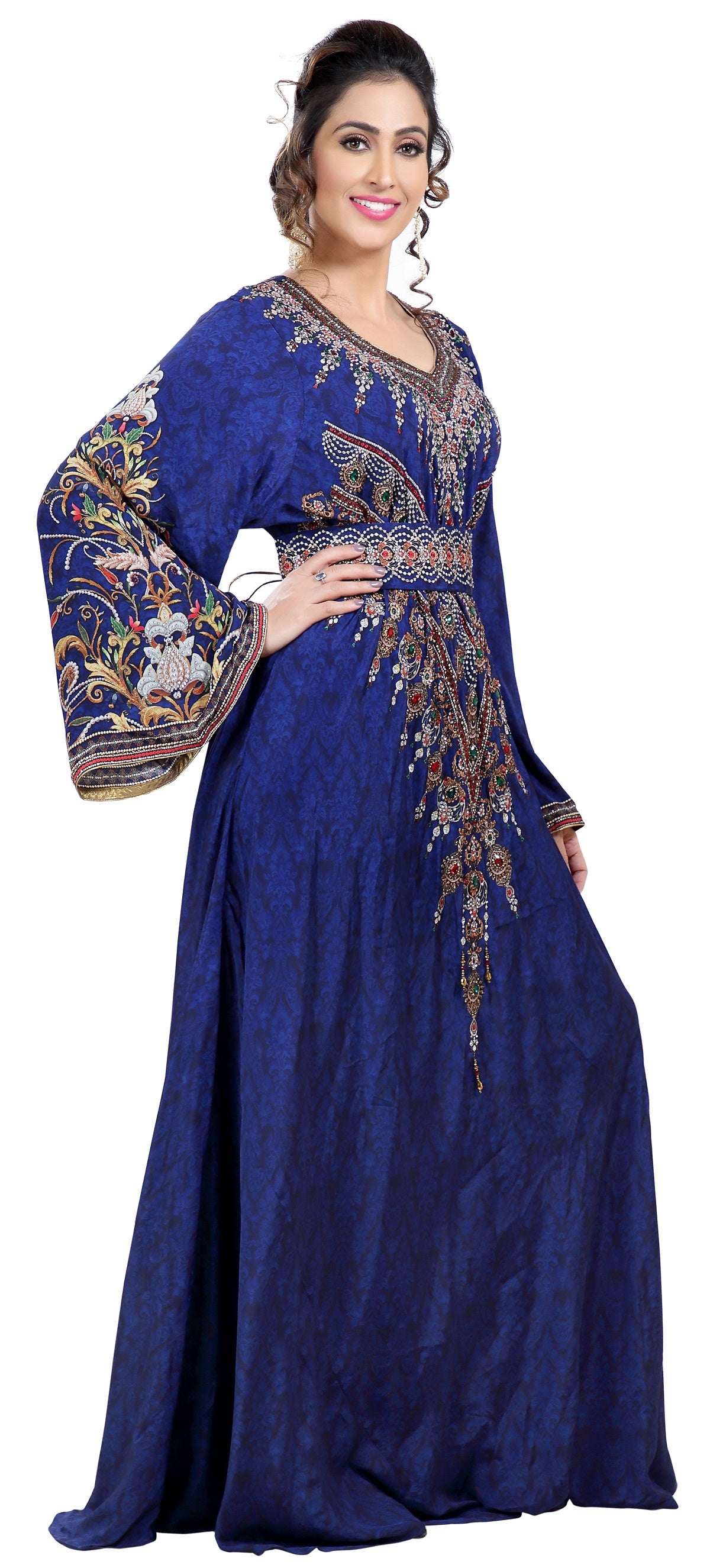 Royal Blue Arabian Digital Print Kaftan With Embroidered Belt - Maxim Creation