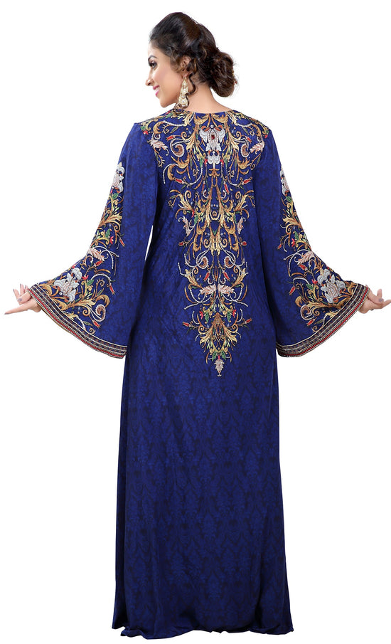 Royal Blue Arabian Digital Print Kaftan With Embroidered Belt - Maxim Creation