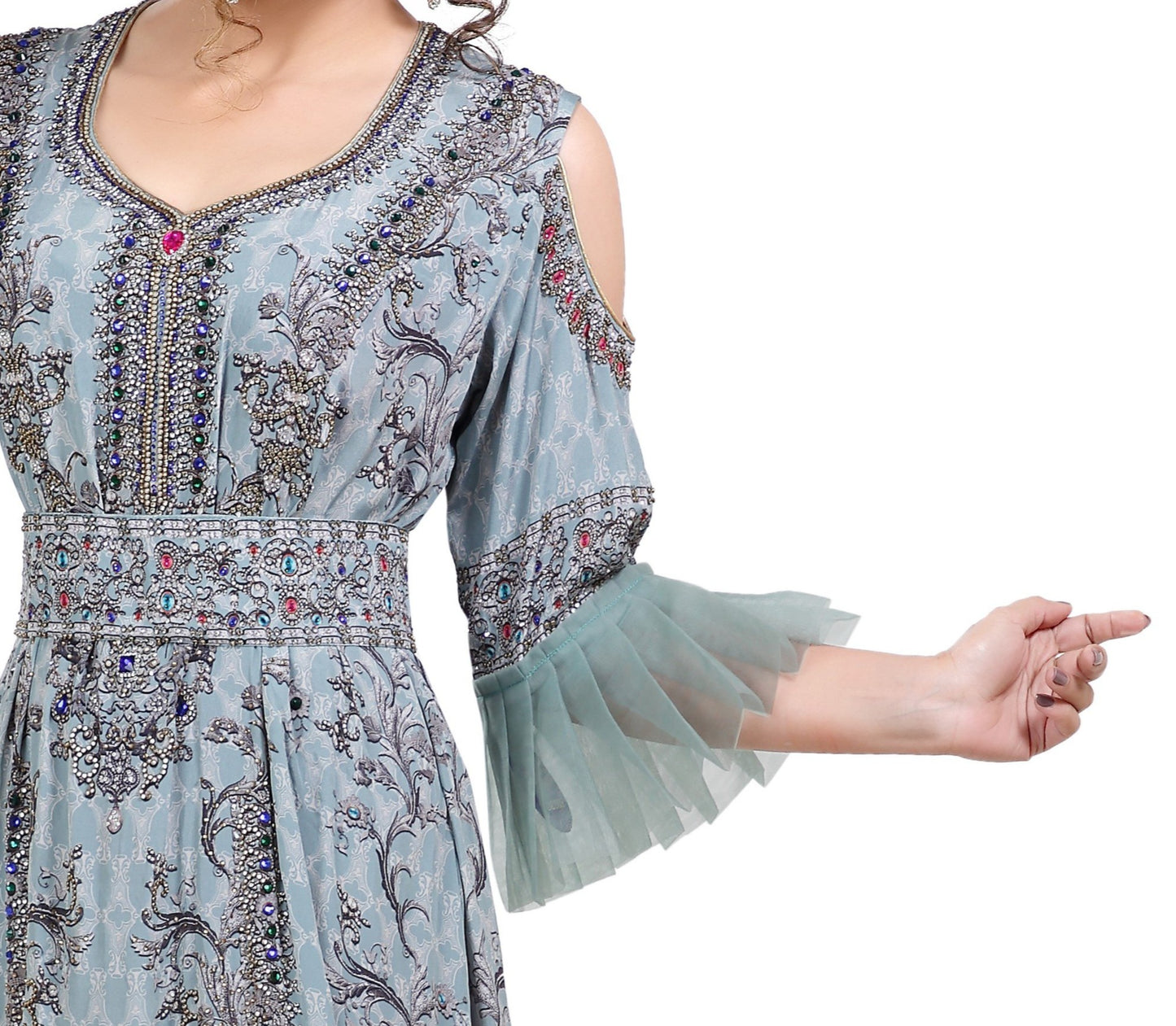 Digital Printed Party Gown With Cold Shoulder Sleeves - Maxim Creation