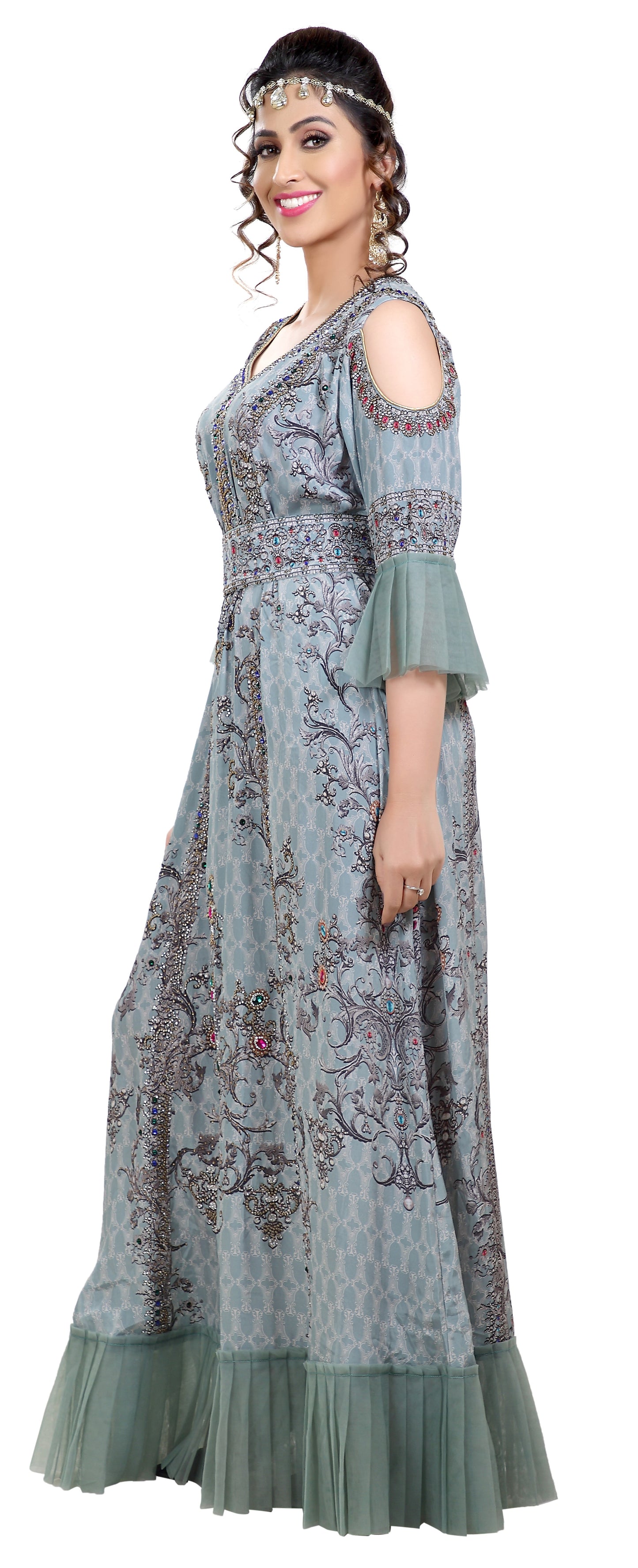 Digital Printed Party Gown With Cold Shoulder Sleeves - Maxim Creation