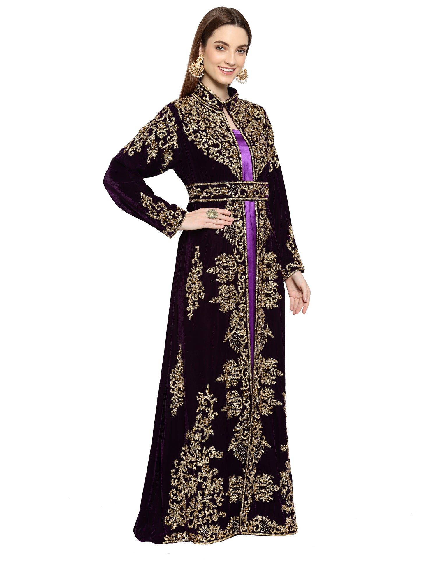 Wedding Gown Hand Embroidered Dress in Purple Velvet - Maxim Creation