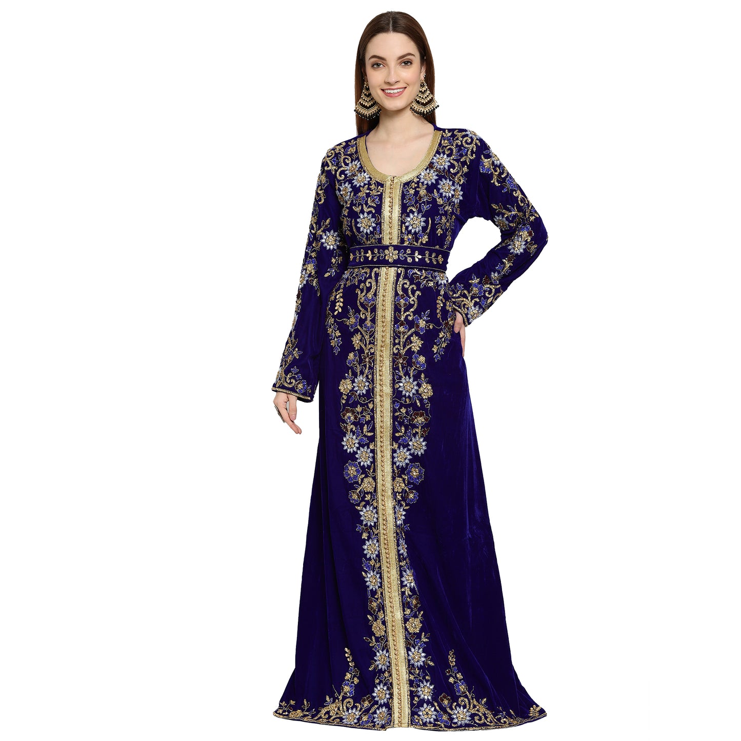 Designer Kaftan Bridal Gown in Royal Blue Velvet - Maxim Creation