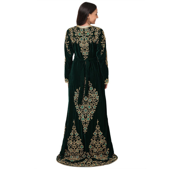 Designer Wedding Dress Crystal Embroidered Kaftan in Dark Green Velvet - Maxim Creation