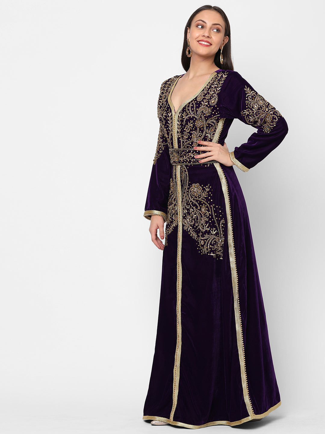 Designer Caftan Evening Party Gown in Purple Velvet - Maxim Creation