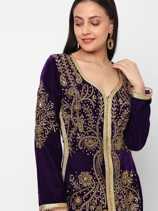 Designer Caftan Evening Party Gown in Purple Velvet - Maxim Creation