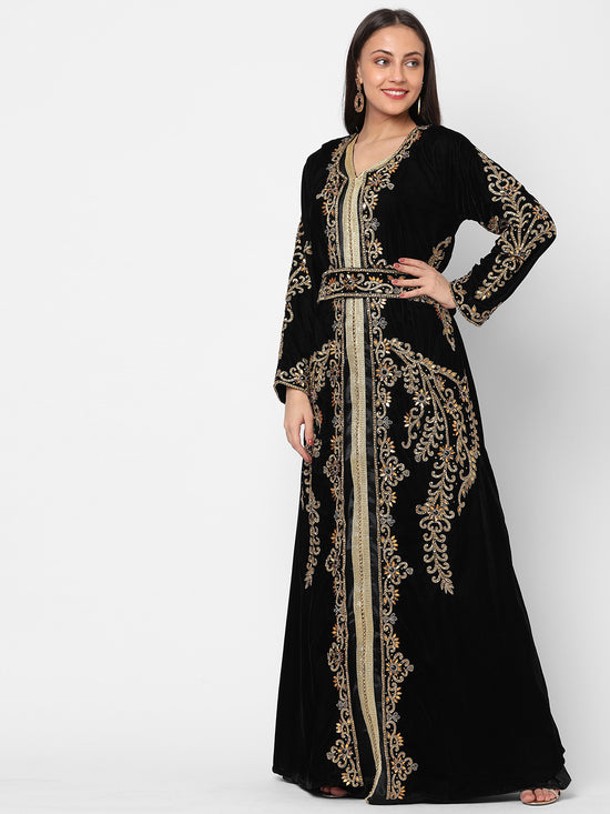 Hand Embroidered Designer Wedding Kaftan in Black Velvet - Maxim Creation