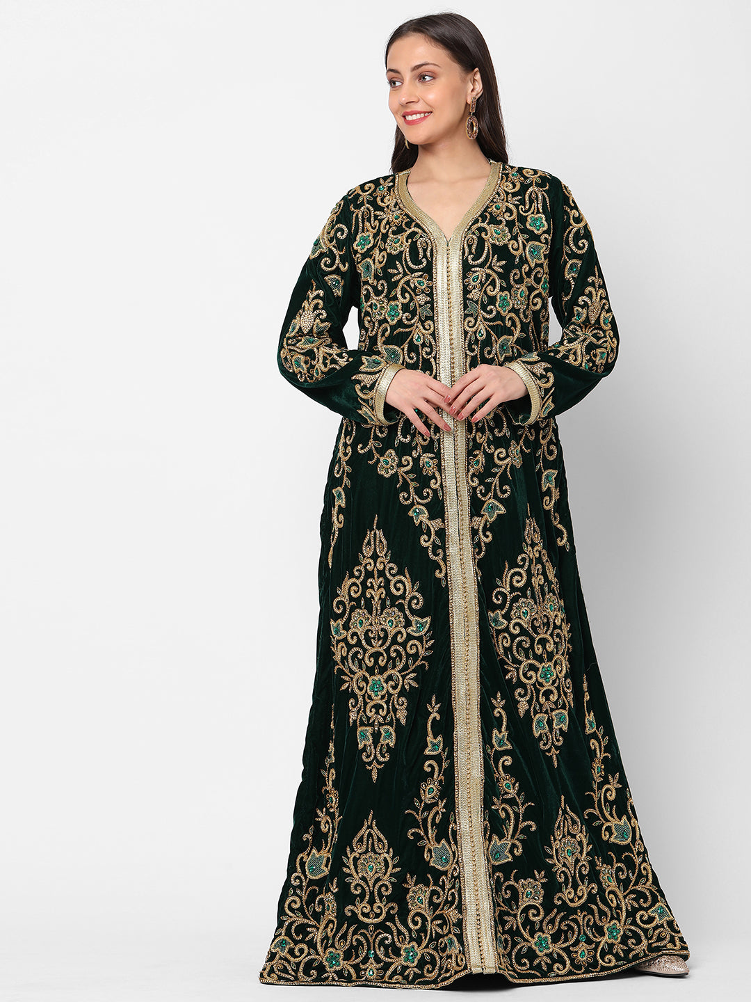 Designer Wedding Dress Crystal Embroidered Kaftan in Dark Green Velvet - Maxim Creation