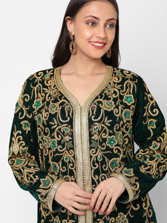 Designer Wedding Dress Crystal Embroidered Kaftan in Dark Green Velvet - Maxim Creation