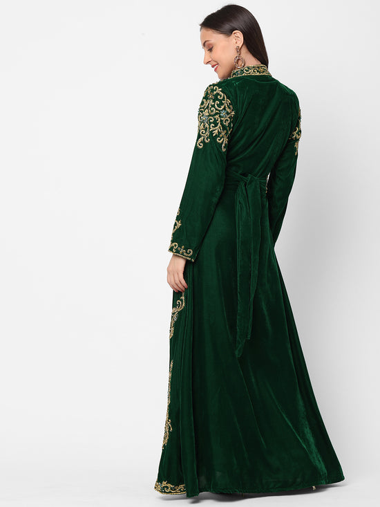 Designer Caftan Wedding Dress in Dark Green Velvet - Maxim Creation