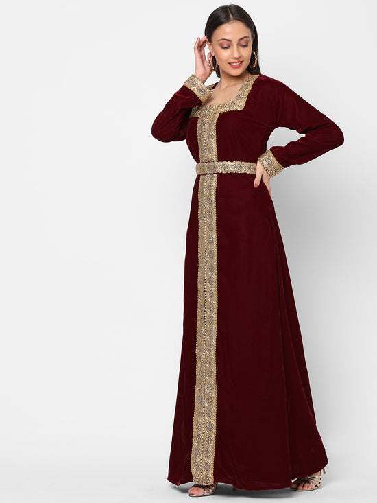 Designer Gown In Velvet Long Sleeve Maxi in Maroon Velvet - Maxim Creation