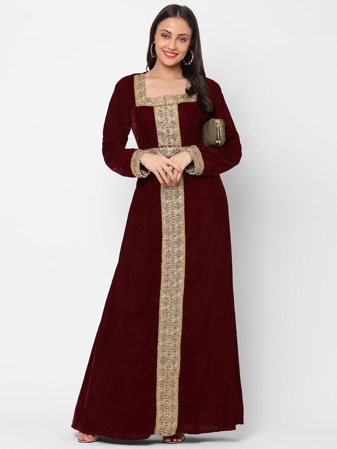 Designer Gown In Velvet Long Sleeve Maxi in Maroon Velvet - Maxim Creation