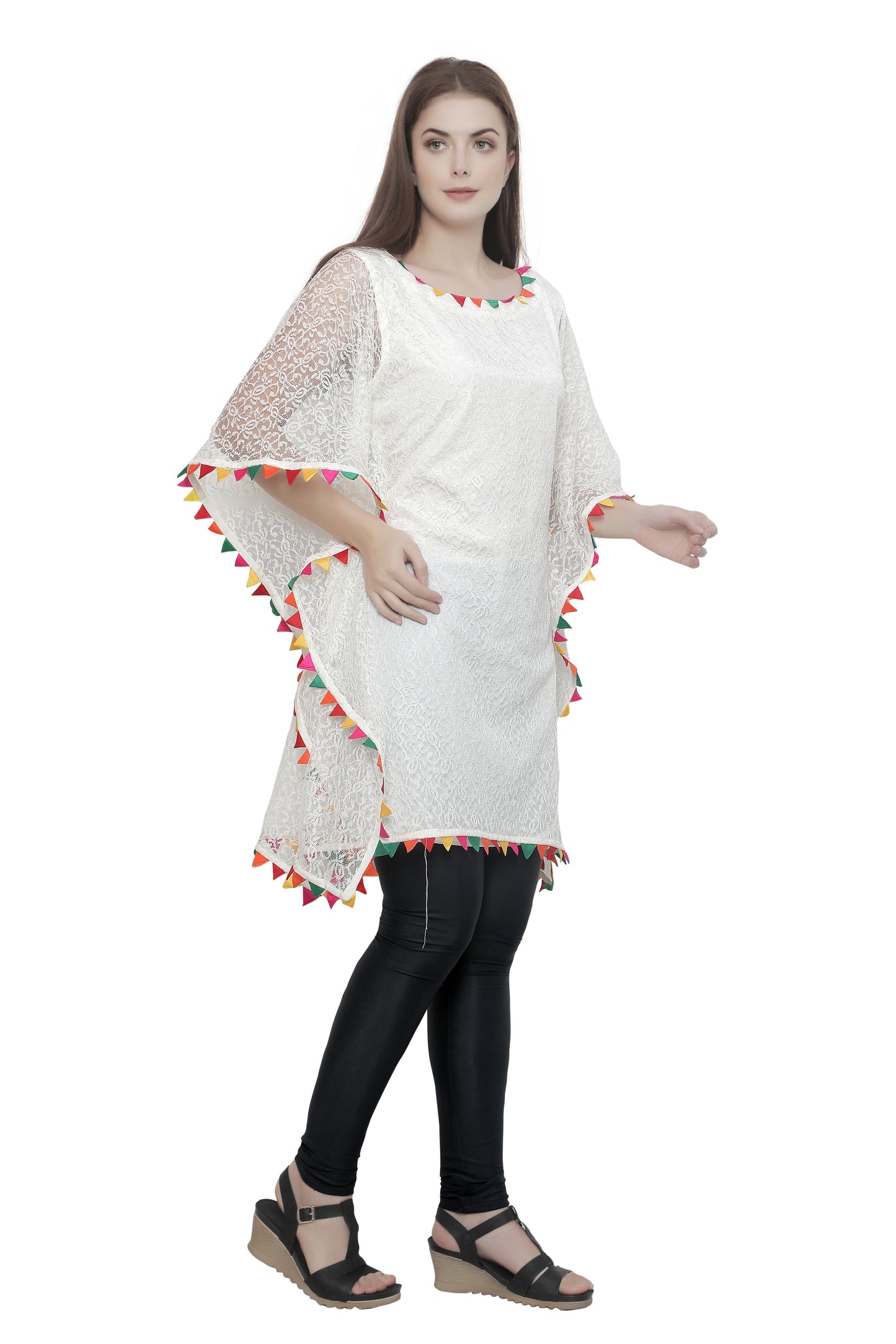 Cream Floral Net Beach Caftan with Colorful Trim - Maxim Creation