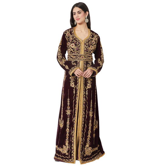 Takchita Caftan Wine Velvet Party Gown Evening Kaftan - Maxim Creation