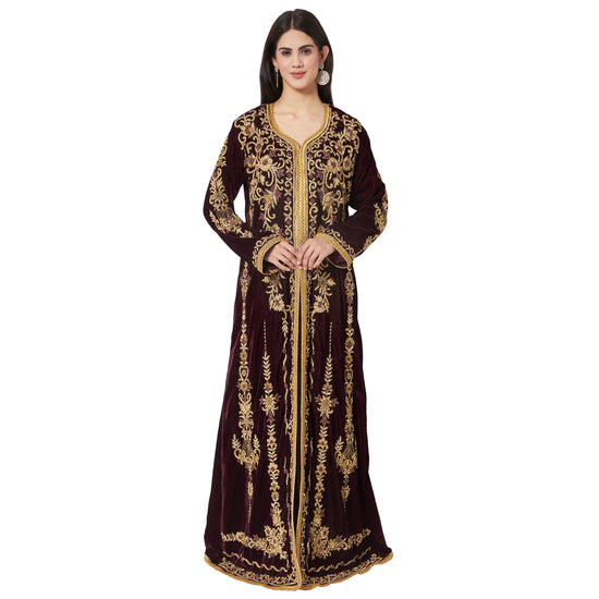 Takchita Caftan Wine Velvet Party Gown Evening Kaftan - Maxim Creation