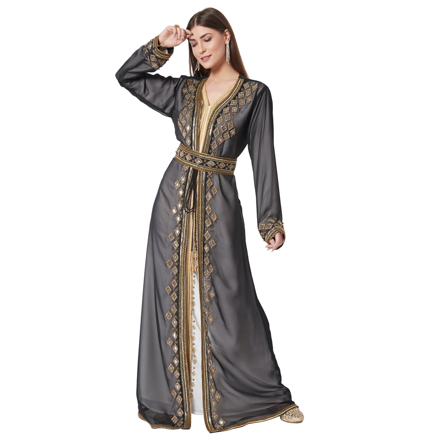 Crystal Studded Kaftan Embroidered Handicraft Gown - Maxim Creation