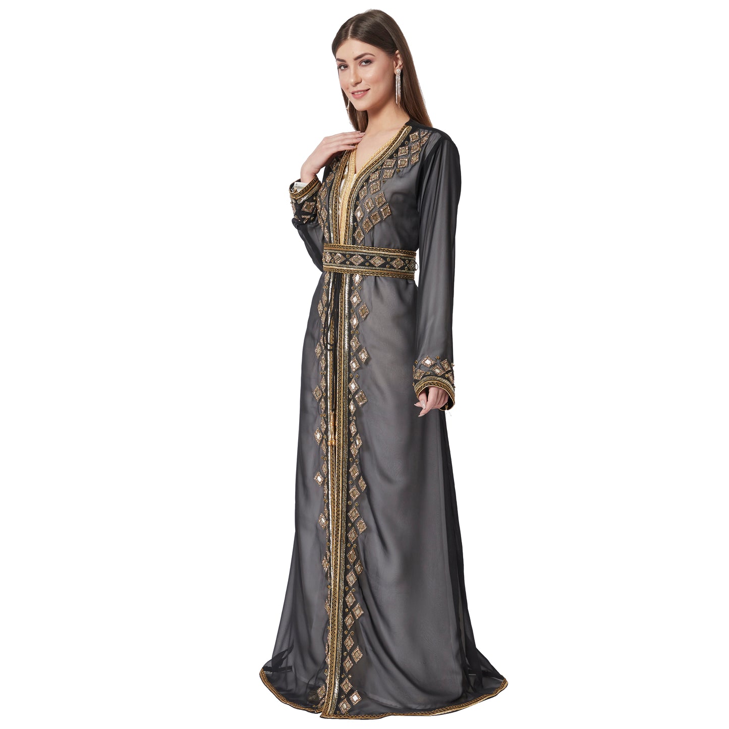 Crystal Studded Kaftan Embroidered Handicraft Gown - Maxim Creation