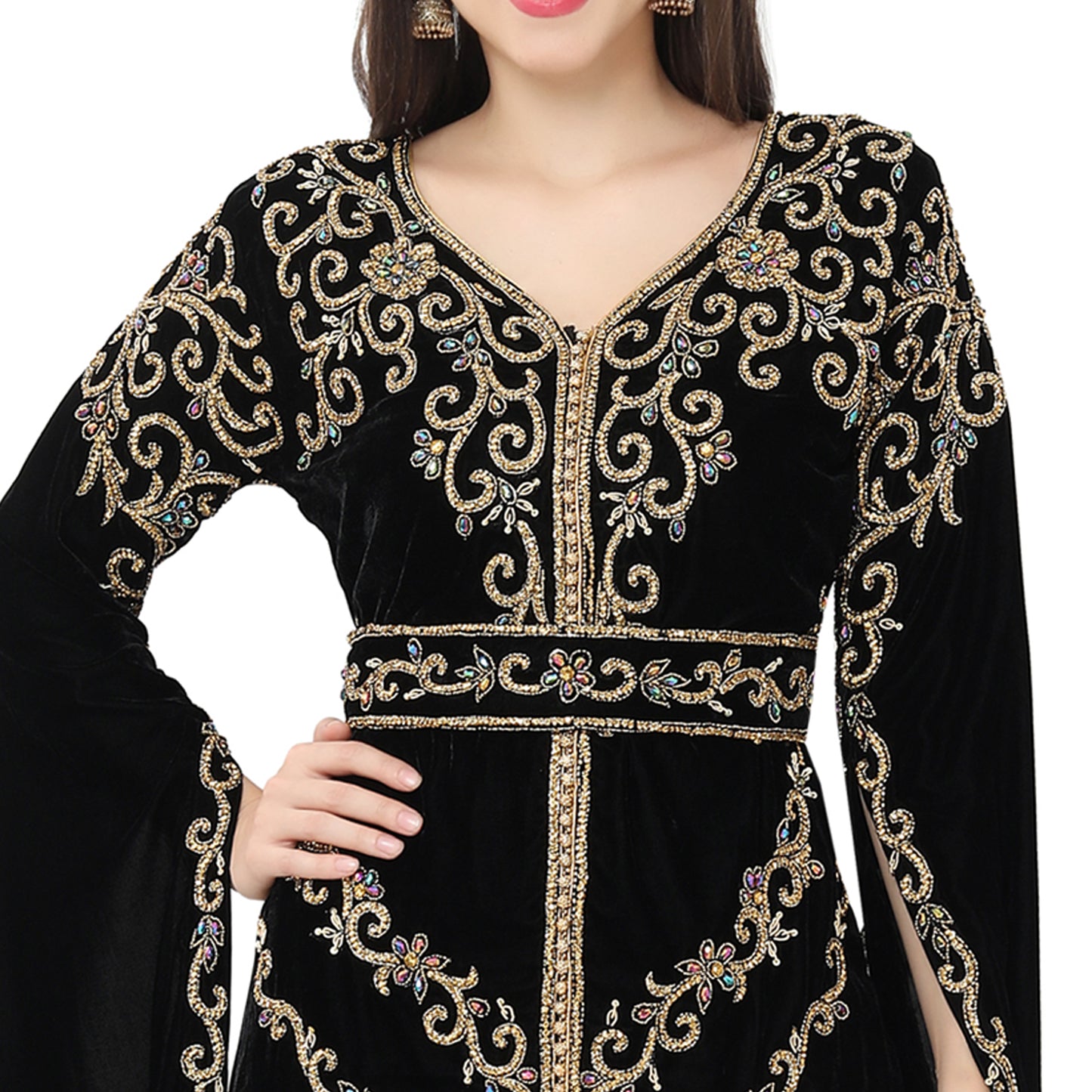 Long Sleeve Designer Bridal Wear Long Kaftan In Velvet Fabric - Maxim Creation