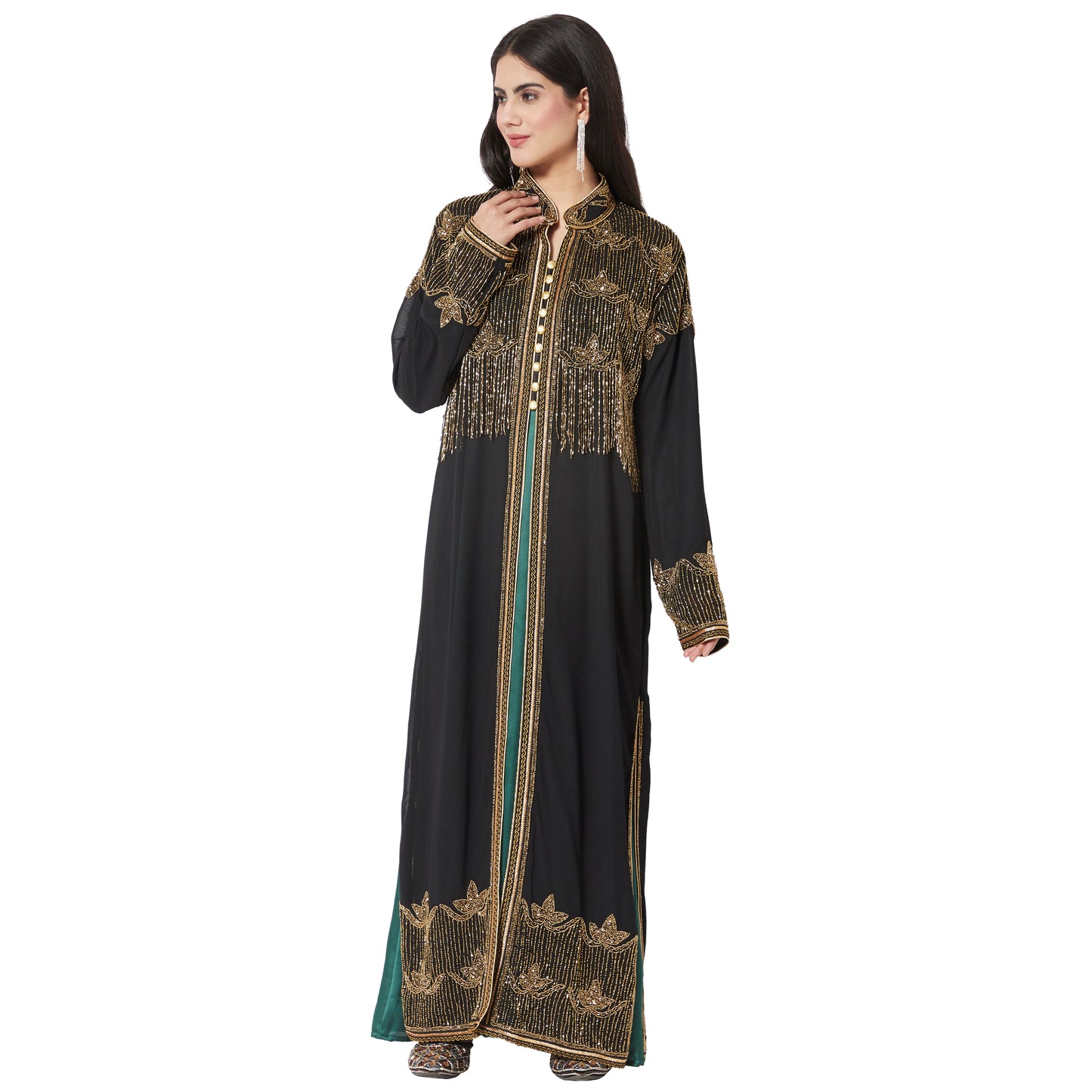 Embroidered Long Cardigan with Golden Hand Work Dress - Maxim Creation