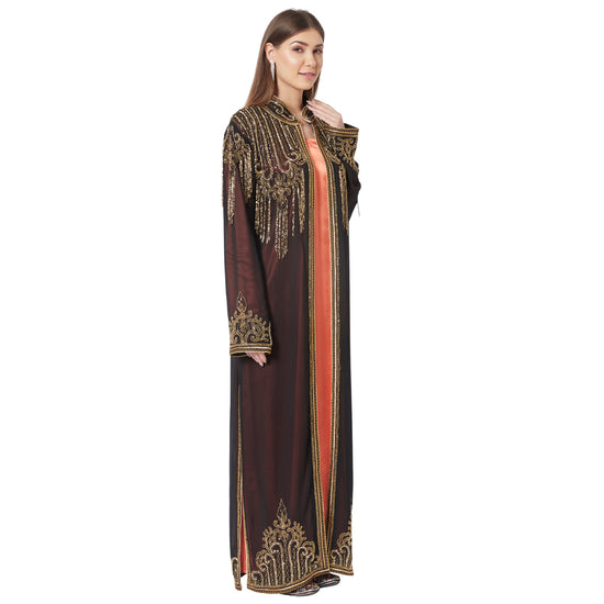 Embroidered Long Cardigan with Golden Hand Work - Maxim Creation