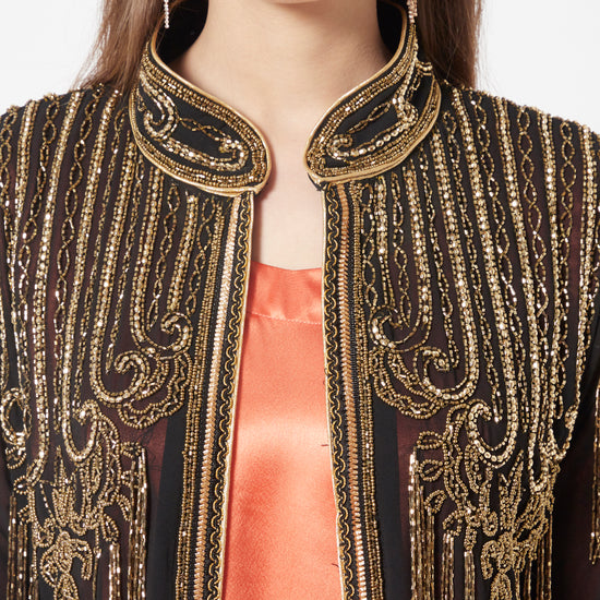 Embroidered Long Cardigan with Golden Hand Work - Maxim Creation