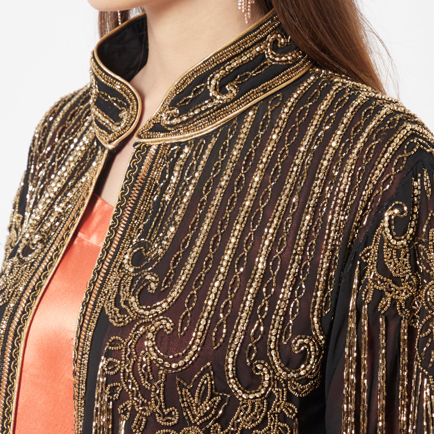 Embroidered Long Cardigan with Golden Hand Work - Maxim Creation