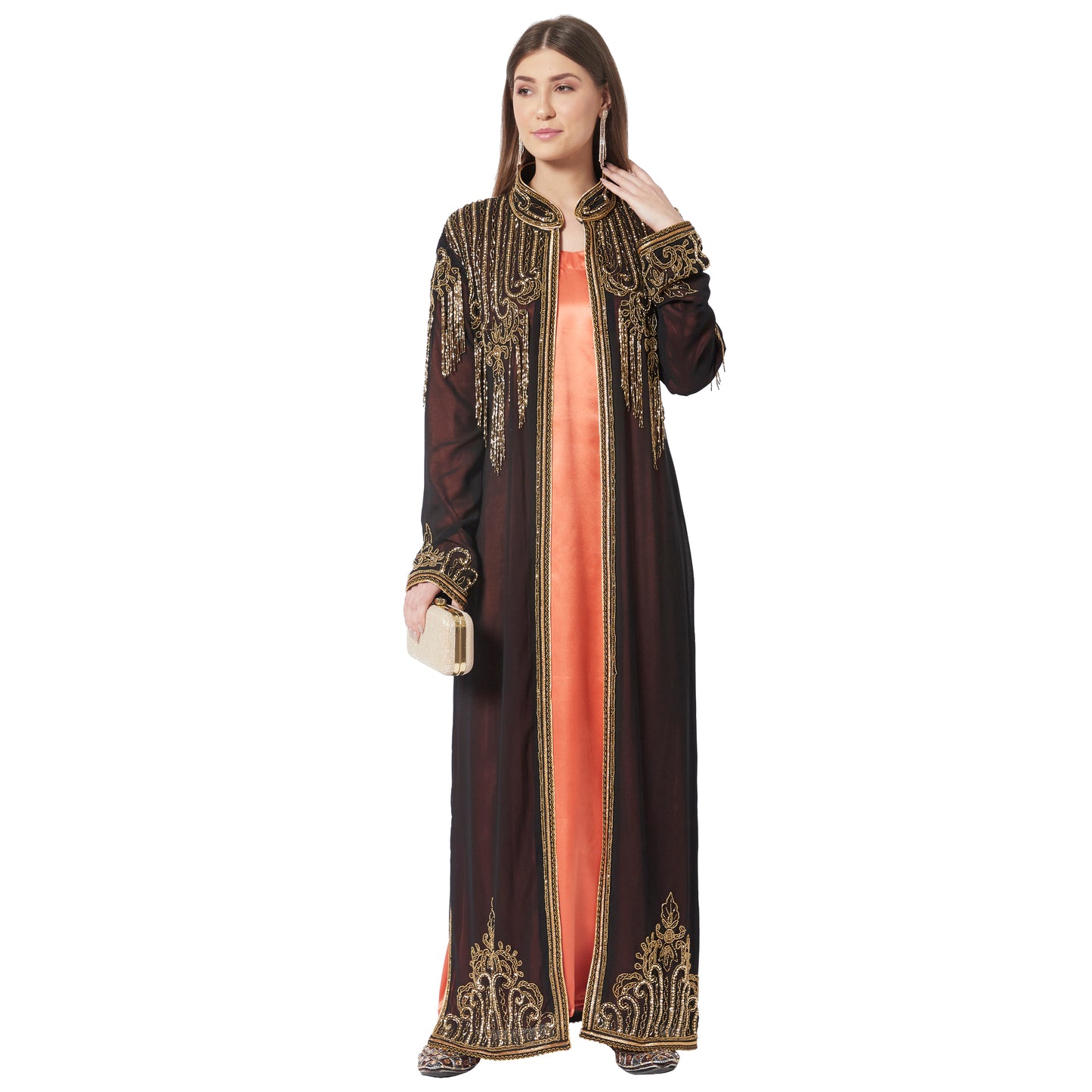 Embroidered Long Cardigan with Golden Hand Work - Maxim Creation