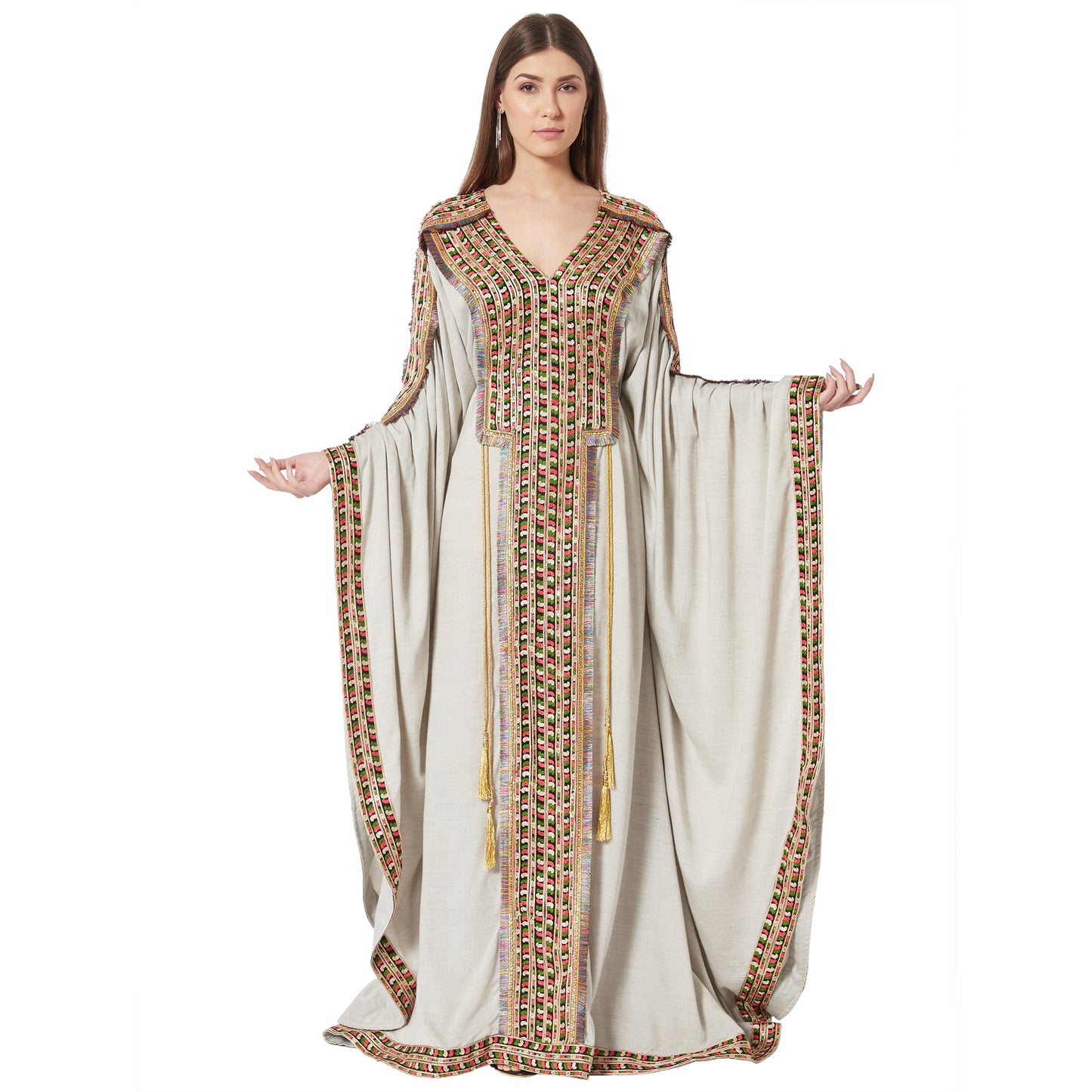 Grey Kaftan in Long Sleeve Tea Party Farasha Poncho in Thread Work - Maxim Creation