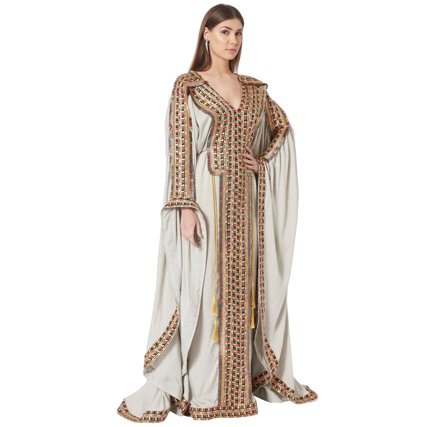 Grey Kaftan in Long Sleeve Tea Party Farasha Poncho in Thread Work - Maxim Creation