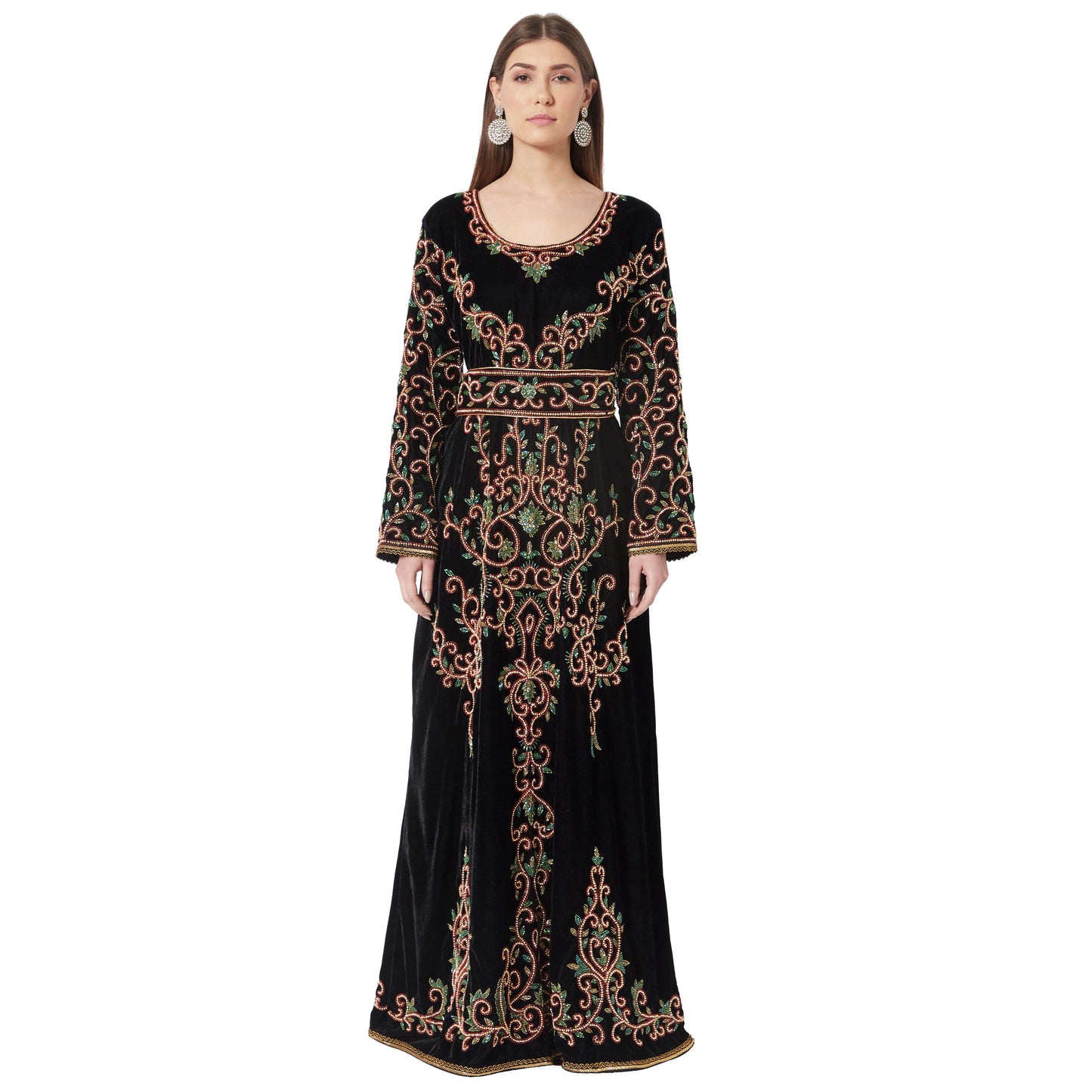 Crystal Hand Work & Beads Kaftan Velvet Maxi Dress - Maxim Creation