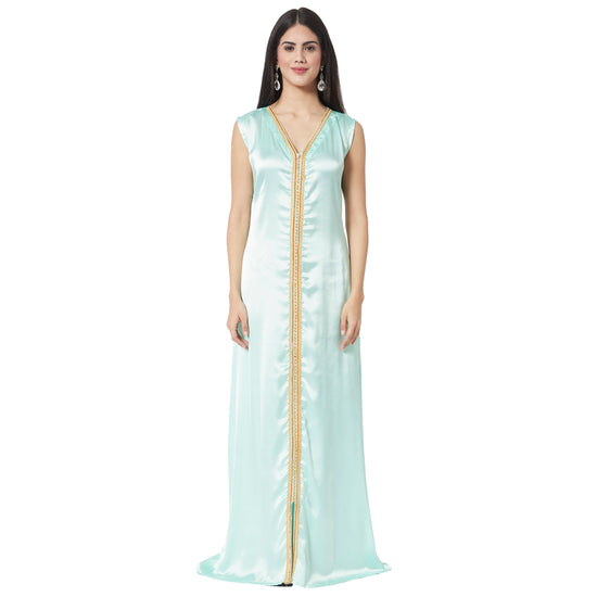 Turkish Kaftan Designer Khaleeji Thobe Dress in Embossed Satin Fabric - Maxim Creation