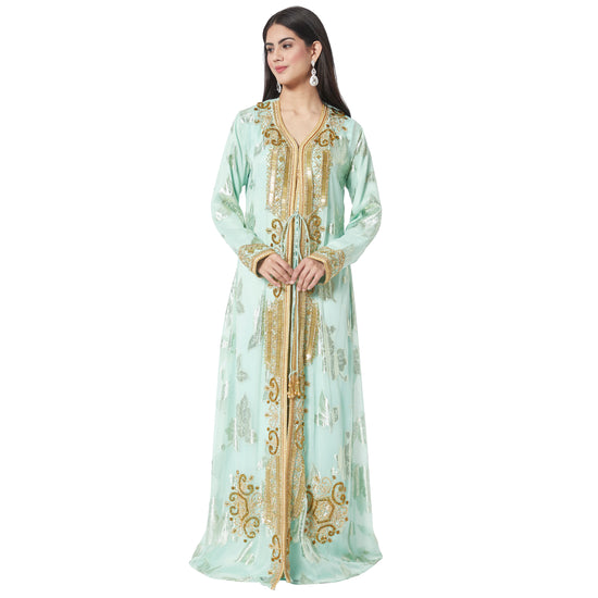 Turkish Kaftan Designer Khaleeji Thobe Dress in Embossed Satin Fabric - Maxim Creation