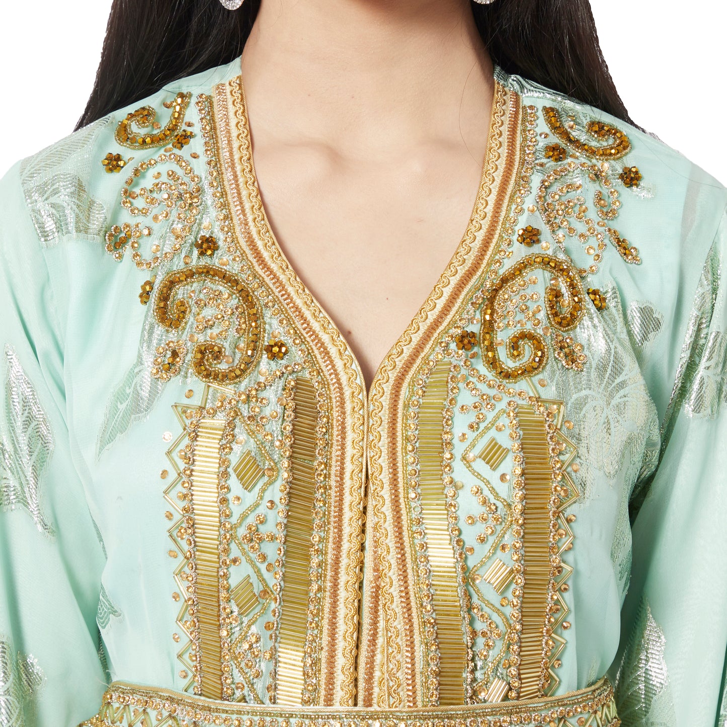 Turkish Kaftan Designer Khaleeji Thobe Dress in Embossed Satin Fabric - Maxim Creation