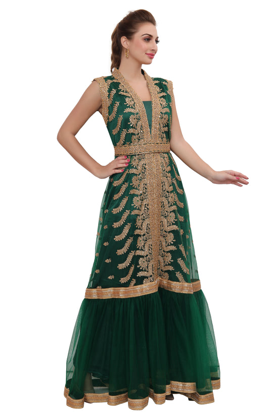 Green Designer Kaftan Bridal Gown Embroidered Dress - Maxim Creation