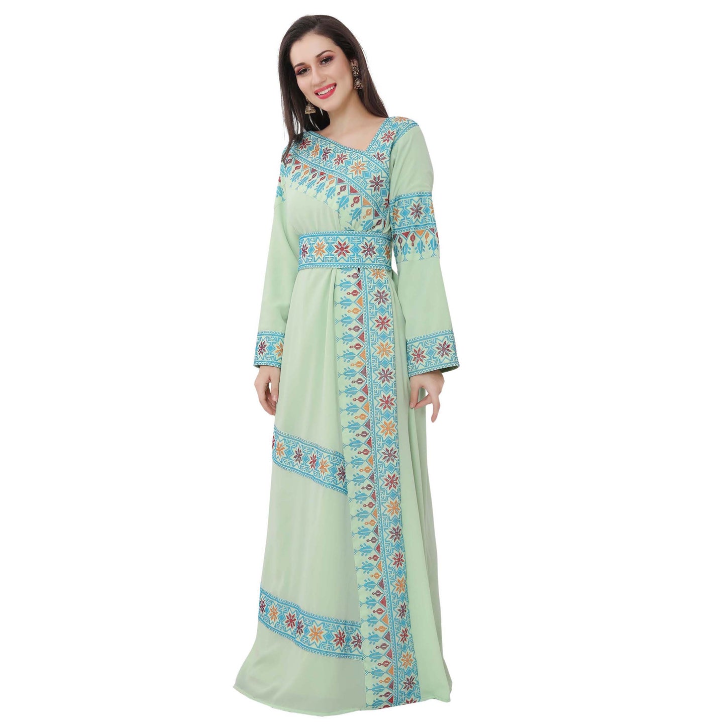 Designer Palestine Thobe Caftan with Colorful Cross Stitch Embroidery - Maxim Creation