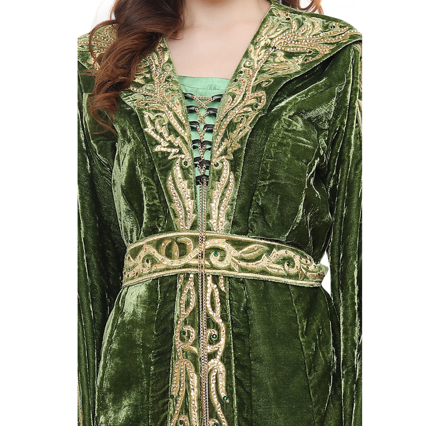 Designer Kaftan Bridal Gown in Henna Green Velvet - Maxim Creation