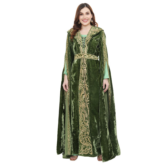 Designer Kaftan Bridal Gown in Henna Green Velvet - Maxim Creation