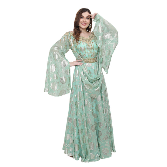 Designer Abaya Kaftan in Printed Embossed Brasso with Tassels - Maxim Creation