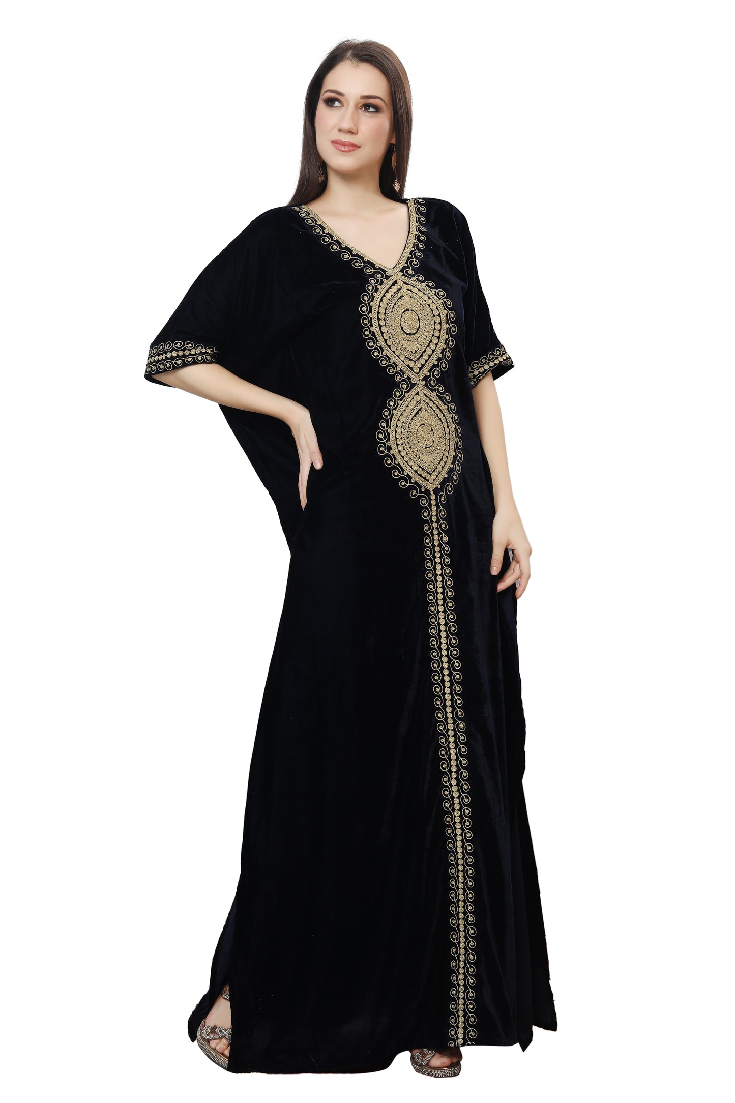 Designer Velvet Kaftan Karakou Embroidery Threadwork Gown - Maxim Creation