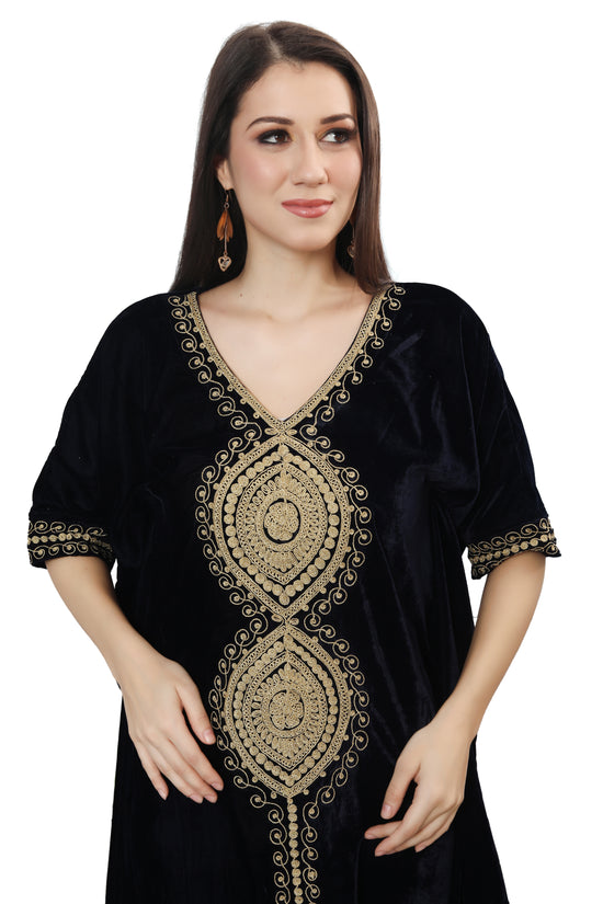 Designer Velvet Kaftan Karakou Embroidery Threadwork Gown - Maxim Creation