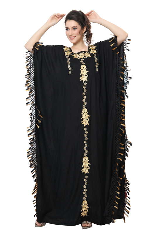 Designer Caftan Black Rayon Gown with Tassels - Maxim Creation